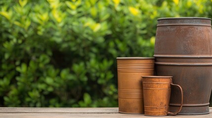 Naklejka premium Recycle upcycle solution. Three vintage metal containers arranged on a wooden surface, surrounded by lush green foliage, creating a rustic and natural atmosphere.
