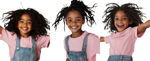 A mixed race little girl, full of joy and happiness, is depicted jumping into the air with her hands raised, set against a transparent PNG background