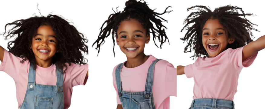 A mixed race little girl, full of joy and happiness, is depicted jumping into the air with her hands raised, set against a transparent PNG background