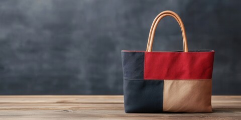 Recycle upcycle solution. A stylish, colorful tote bag featuring a patchwork design with red, blue, and tan sections, resting on a wooden surface against a dark background.