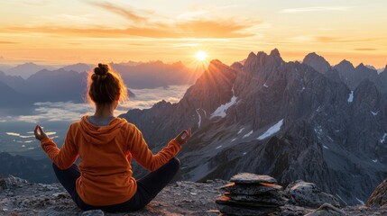 Obraz premium Serene Sunset Meditation on a Mountain Peak: Female Practitioner in Orange Hoodie with Scenic Horizon Landscape and Majestic Mountain Range
