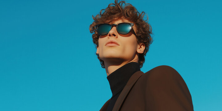 A man wearing sunglasses and a suit is standing in front of a blue sky.