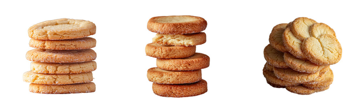 A pile of Breton-style shortbread biscuits with butter, accompanied by a cup of tea and pastry, is shown in close-up, isolated on white