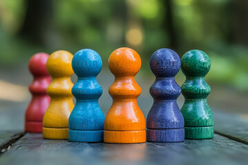 Colorful wooden game pieces arranged in row outdoors