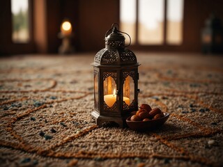 Islamic and Traditional Ramadan Kareem Greeting Template, Islamic Lantern with a Candle, using generative ai