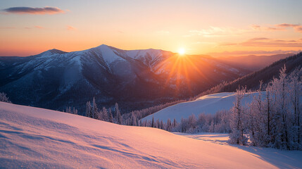Majestic winter sunset over snow covered mountain peaks and forest sky icy cold rays view trees light