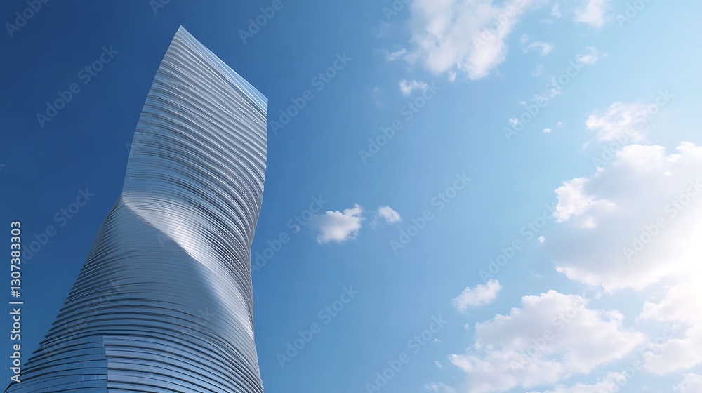 Poster a dynamic perspective shot showcasing a modern high-rise building in an urban environment.