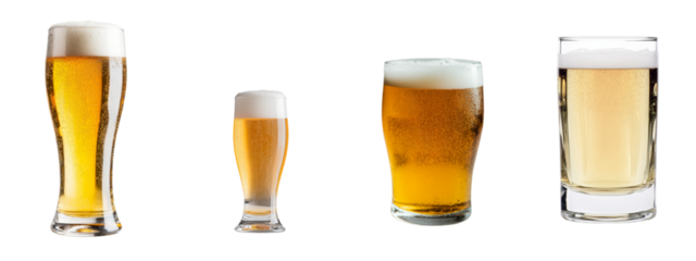 A glass of fresh golden-colored beer, capped with foam, sits isolated on a plain white background in a tulip-shaped vessel