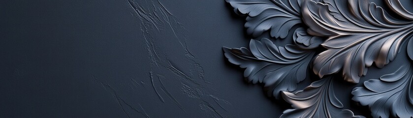 Delicate chrome floral engravings adorn a smooth, deep matte black surface, creating an elegant high-end atmosphere with soft glowing reflections. Ample space is available for text