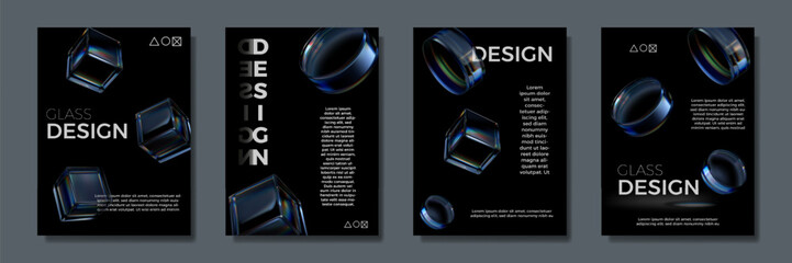 3D glass background. Crystal prism. Abstract cubes. Transparent gradient and spectrum light. Geometric glossy figures. Iridescent blocks. Plexiglass forms. Vector black design banners set