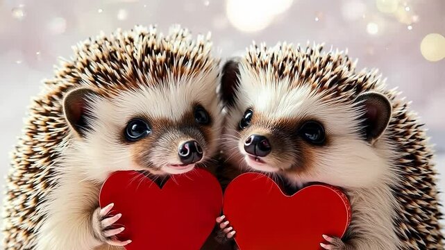 Two hedgehogs holding red hearts