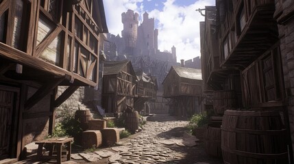 Fototapeta premium A medieval fantasy village with rustic wooden houses, a cobblestone path, and a towering castle in the background. Ideal for historical fiction, fantasy storytelling, and RPG world-building