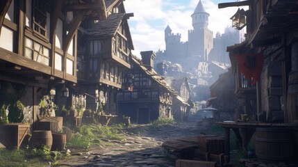 A medieval fantasy village with rustic wooden houses, cobblestone streets, and a towering castle in the background. Ideal for fantasy world-building, storytelling, and historical themes