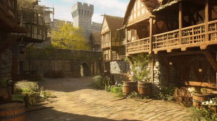 A medieval fantasy village with timber-framed houses, cobblestone streets, and a fortified castle in the background, bathed in warm sunlight. Ideal for fantasy storytelling, RPG settings