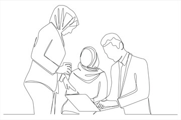One continuous line drawing of young Muslim businesspeople discussing agreement project together,  Islamic clothing hijab, scarf, keffiyeh.