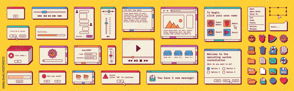 Poster Retro internet windows. Browser frame pixel design. Vintage web interface of old 90s post box dialog. Error message. Y2K online search bar. Computer dashboard buttons. Vector UI icons set