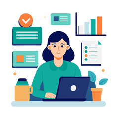 business woman working on laptop isolated on a transparent background