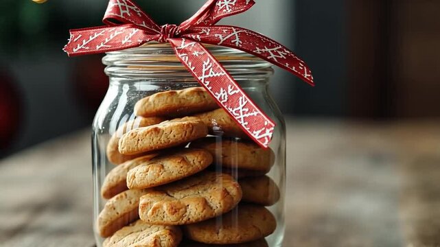 Glass jar of pastries decorated with red ribbon with snow pattern