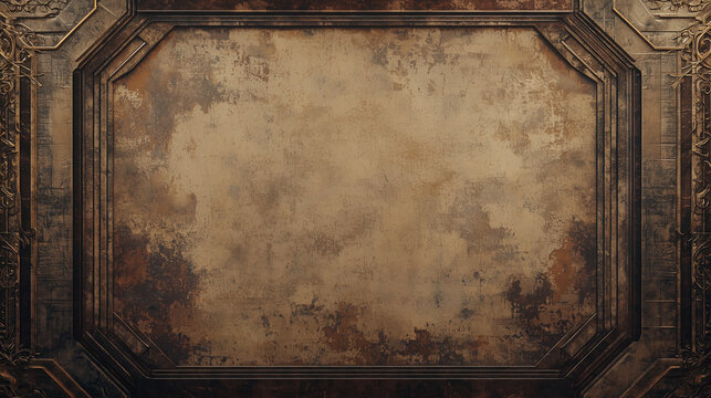 Antique textured background with ornate metallic frame, featuring a distressed vintage look with gold and bronze details - Powered by Adobe