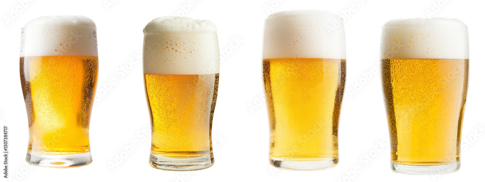 Poster a tulip pint glass filled with fresh yellow beer and capped with foam is set against a plain white b