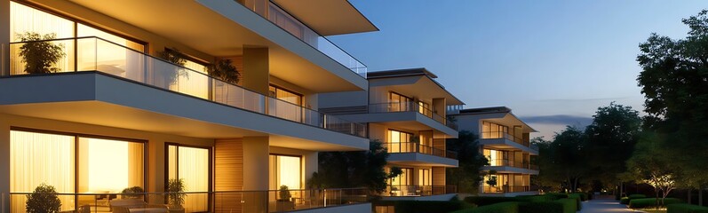 Fototapeta premium High-end residential complex featuring warm lighting, perfect for architectural and real estate photography.