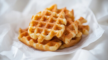 Delicious golden brown waffles breakfast sweet treat food home made grid snack honey syrup tasty