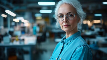 Fototapeta premium A blonde woman wearing glasses looks straight ahead, presenting a professional appearance