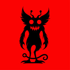 Scary Monster Silhouette with Glowing Eyes on Red Background