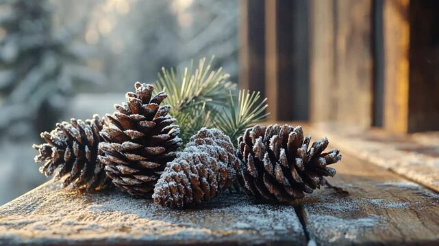 a few pine nuts covered in snow, lying on the surface of the wood footage,hd,4k