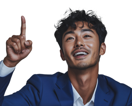 An image of an Asian person, set against a transparent PNG background, showcases a smiling face and an upward-pointing hand gesture, indicating eagerness for advertising, marketing, and promotional