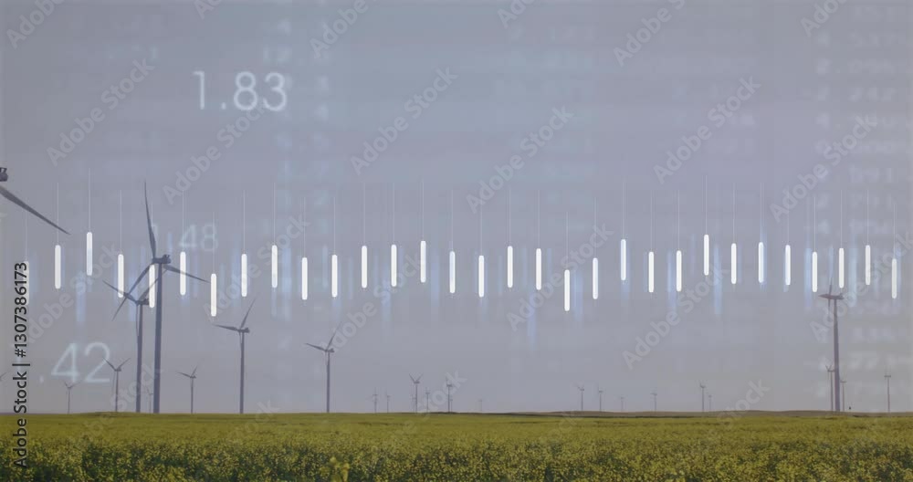 Poster wind turbines spinning in field with data processing animation overlay