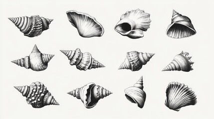 Obraz premium Hand-drawn illustration of an elegant seashell collection depicting ocean nature