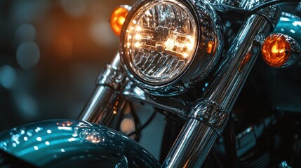 Close-up of a chrome motorcycle headlight.