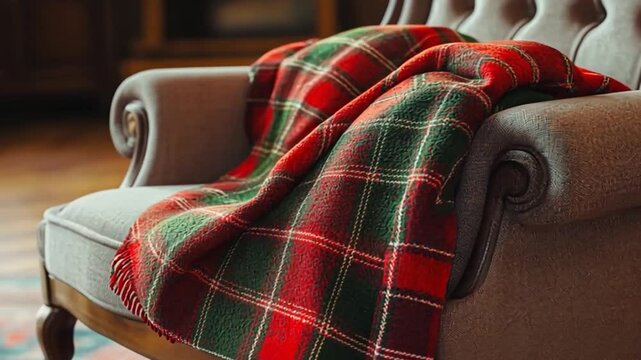 A red and green plaid flannel blanket folded over a soft fabric sofa