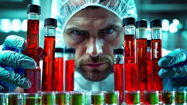 A man in a lab coat looking at a row of test tubes filled with red liquid