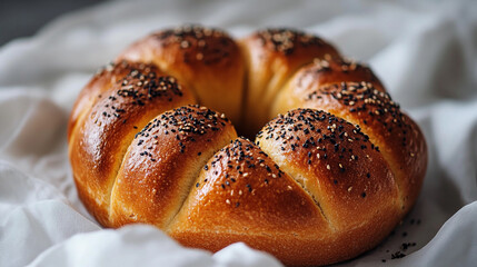 Delicious golden brown sesame seed round bread loaf baked fresh food oven meal wheat dough tasty