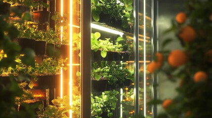Futuristic vertical farm inside glass skyscraper glowing hydroponic panel multi tier plant growth AI powered irrigation system ultra detailed reflection glass surface cinematic golden hour lighting