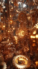 Craft a cluttered space with golden gears and warm lights