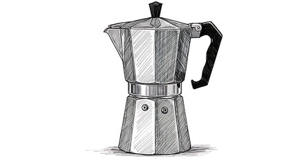 Sketch of a Moka pot, vintage Italian coffee maker, detailed line drawing, black and white illustration, cross-hatching technique, kitchen appliance, classic design, stovetop espresso maker, hexagonal