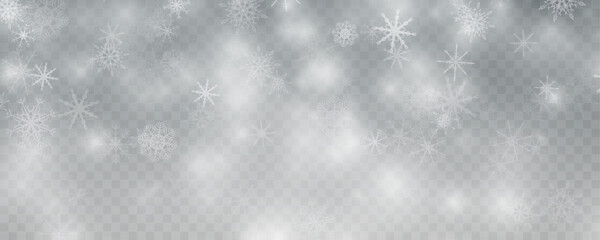  Winter background with falling snowflakes isolated on transparent background, vector png. Snowfall, blizzard, snow storm, snow hurricane. Snowflakes.