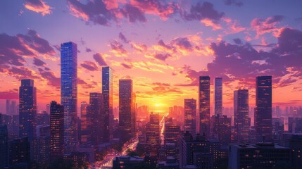 Obraz premium A vibrant city skyline at sunset, showcasing tall skyscrapers illuminated by warm hues of orange and purple in the sky.