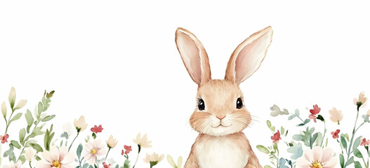 Obraz premium Watercolor Easter bunny with spring flowers on white background