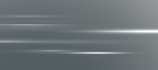 Vector illustration of white color, abstract laser speed lines. Glare, horizontal light rays png. Glowing linear background.	
