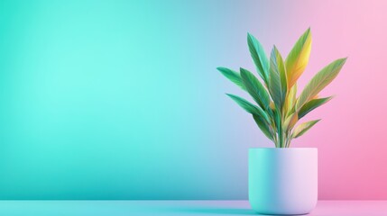 Green Plant in White Pot Against Teal and Pink Gradient Background