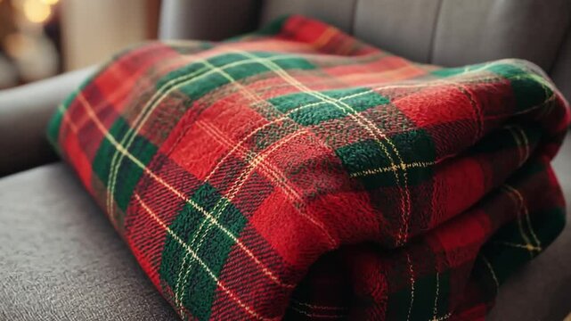A red and green plaid flannel blanket folded over a soft fabric sofa