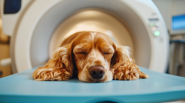Dog Relaxing on MRI Table in Veterinary Clinic
