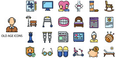 Old Age simple concept 24 colour icons set. Contains such citizen, old people, population, Birth rate .Vector illustration.