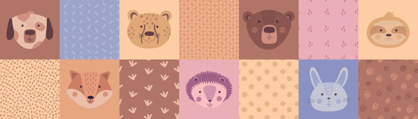 Animal pattern. Cute baby face, forest graphic print with hedgehog and tiger cat, trendy funny wild seal. Bear, exotic sloth and rabbit. Wrapping, wallpaper. Fabric print. Vector background