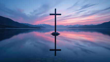 Naklejka premium Cross on water at sunset with reflection.