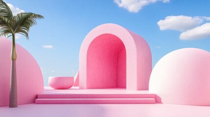 Pastel Pink 3D Render Archway Scene with Palm Tree